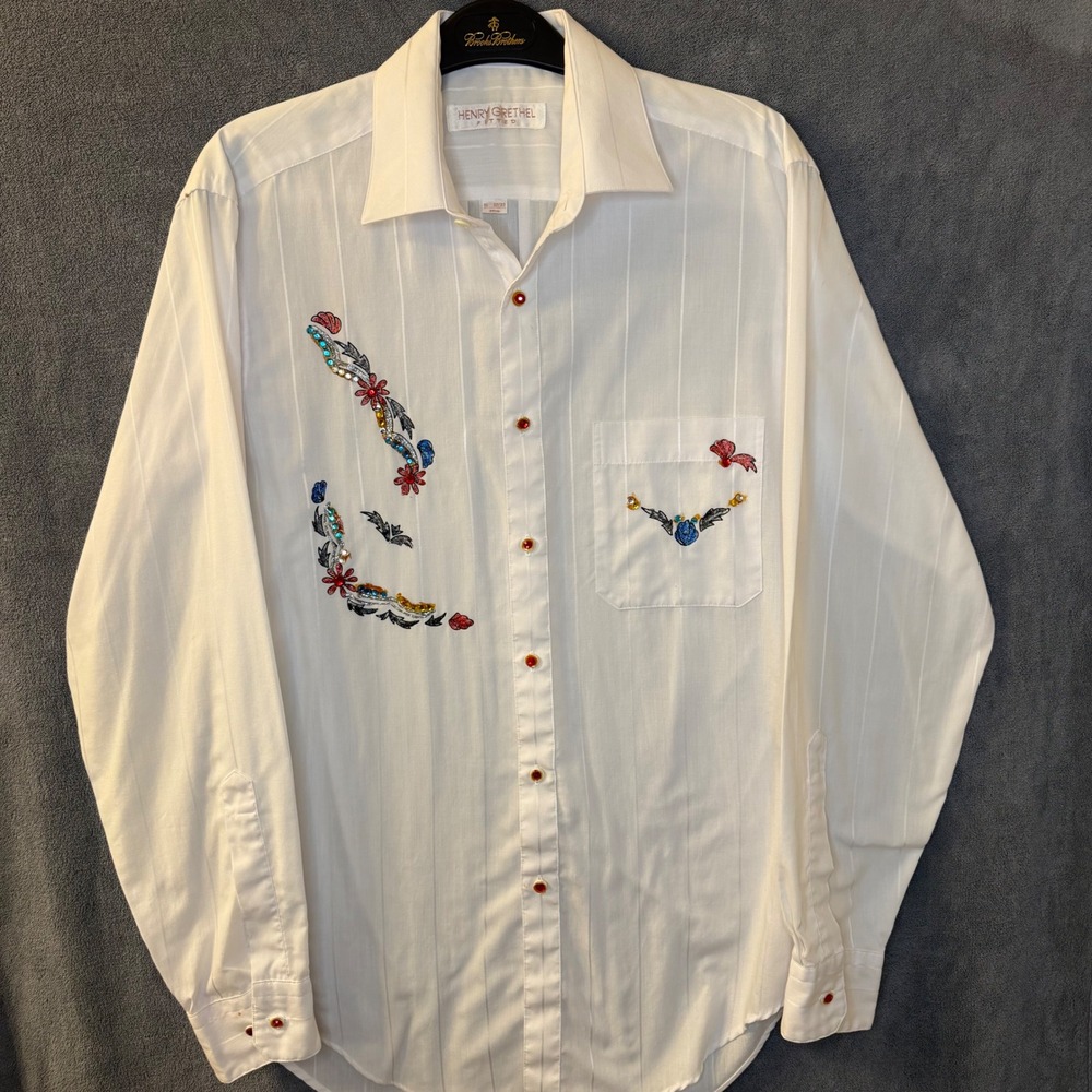 Henry Grethel Fitted Mens S Floral Embellished White Striped Button Down Shirt